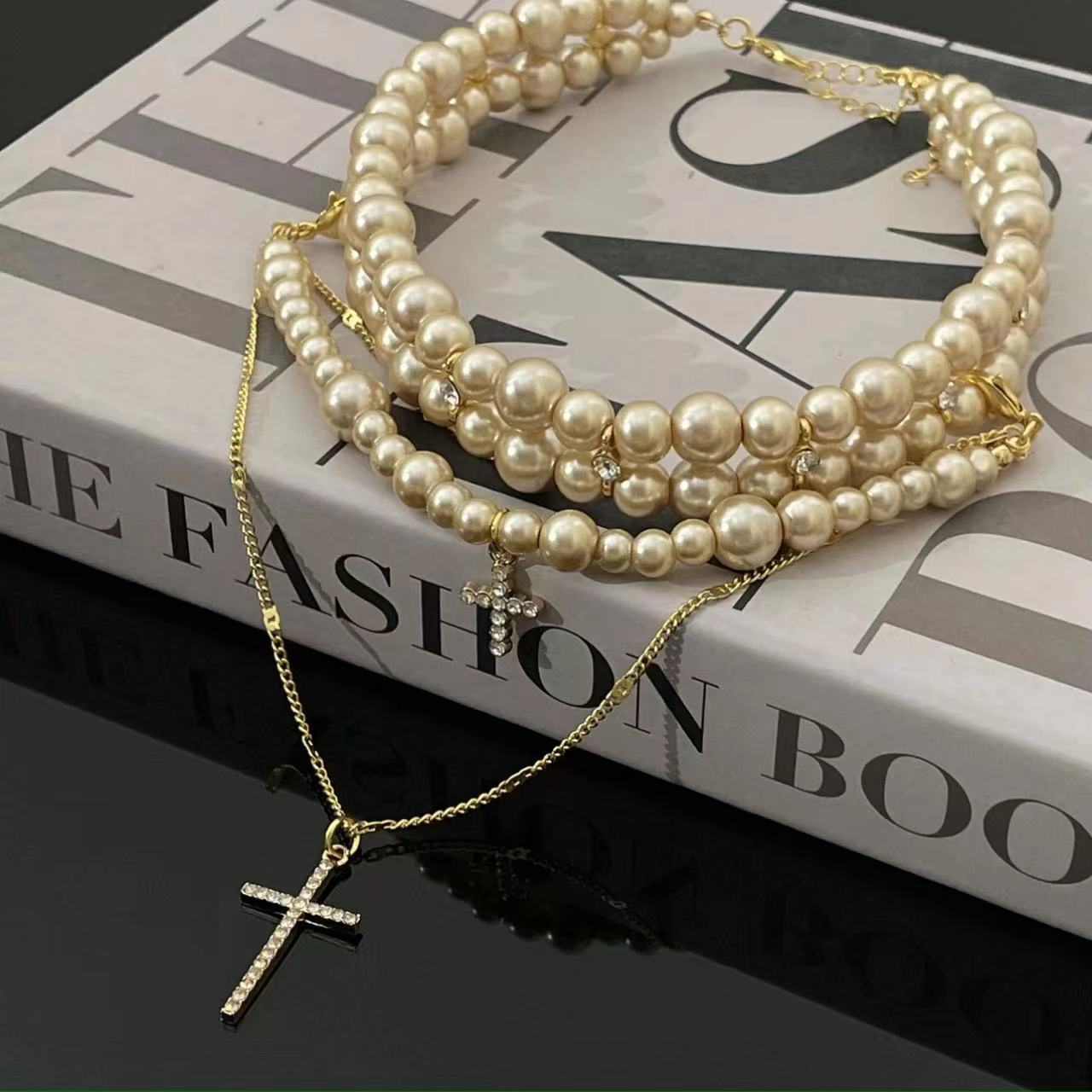Wholesale Diamond-encrusted multi-layer pearl cross sweater necklace